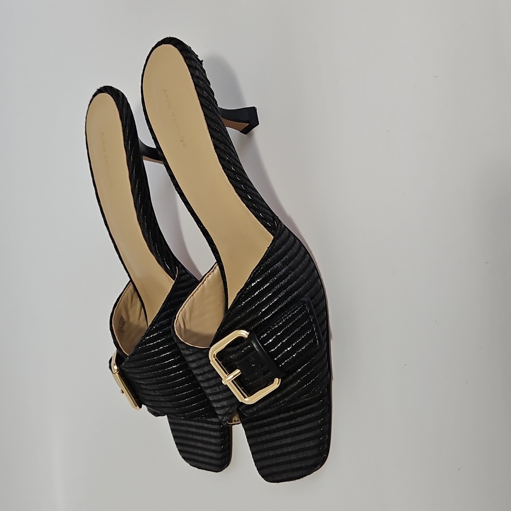 NEW Ann Taylor Black Gold Buckle Slide Kitten Heel Sandal Size 9.5 - Picture 15 of 17
